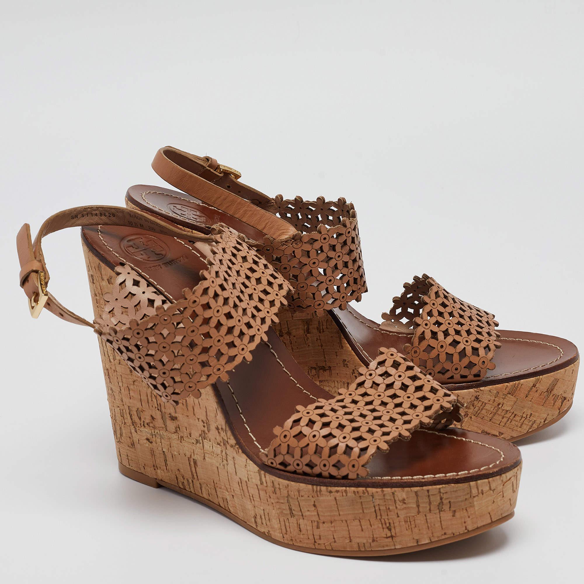 Women's Tory Burch Brown Leather Daisy Wedge Sandals Size 40.5 For Sale