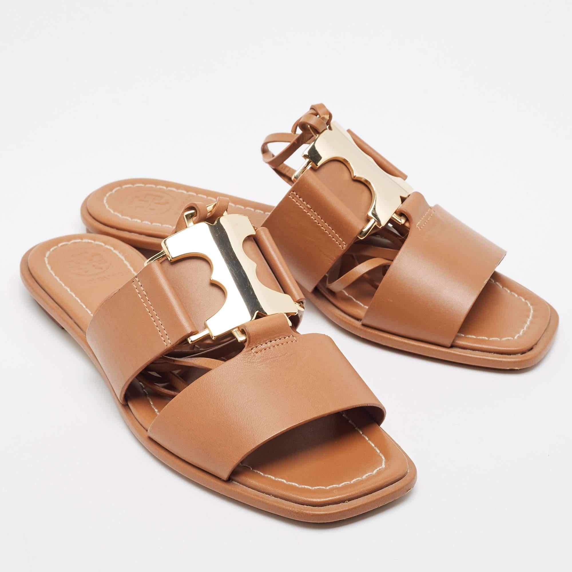 Women's Tory Burch Brown Leather Gemini Link Flat Sandals Size 37.5 For Sale