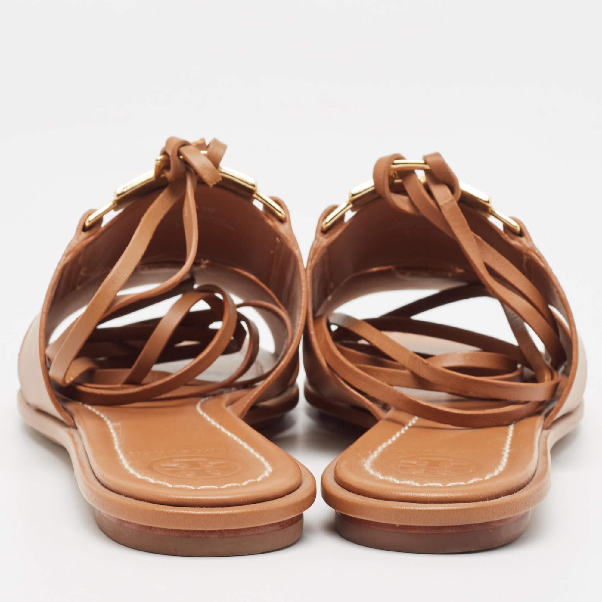 Tory Burch Brown Leather Gemini Link Flat Sandals Size 37.5 For Sale 1