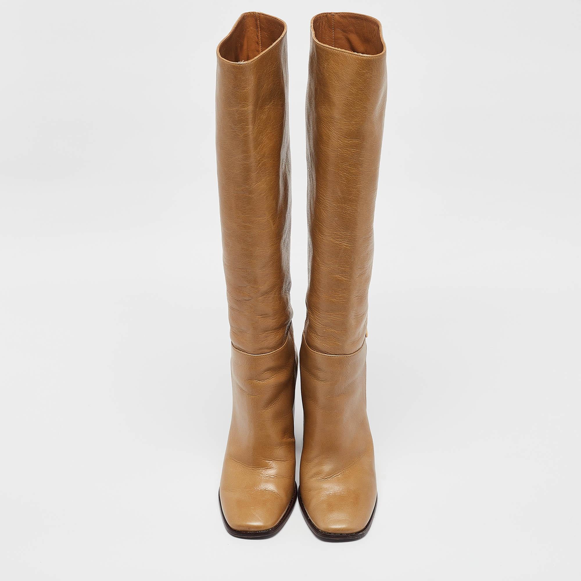 Tory Burch Brown Leather Knee Length Boots Size 38 In Good Condition In Dubai, Al Qouz 2