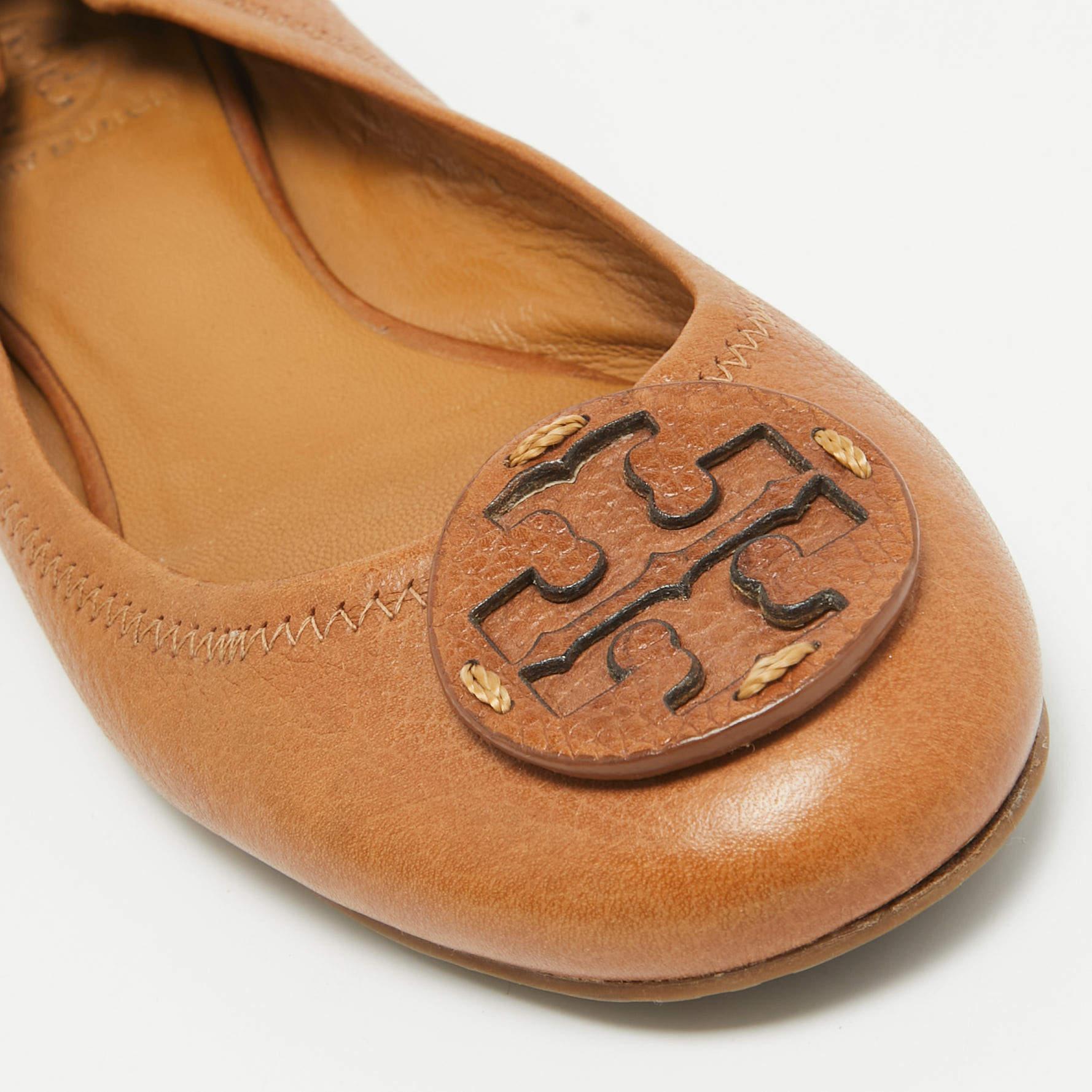 Tory Burch Brown Leather Minnie Scrunch Ballet Flats Size 38.5 For Sale 4