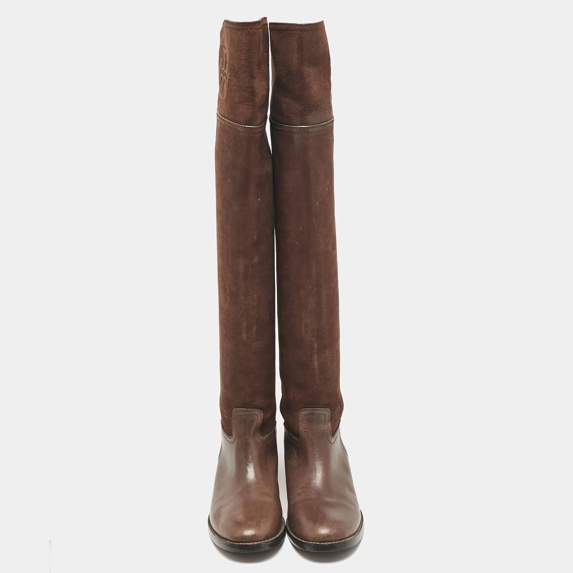 Tory Burch Brown Leather Over The Knee Boots Size 35.5 In Excellent Condition In Dubai, Al Qouz 2