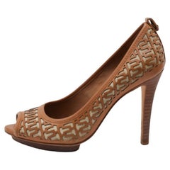 Tory Burch Brown Leather Regan High Heel Peep Toe Pumps Size 38