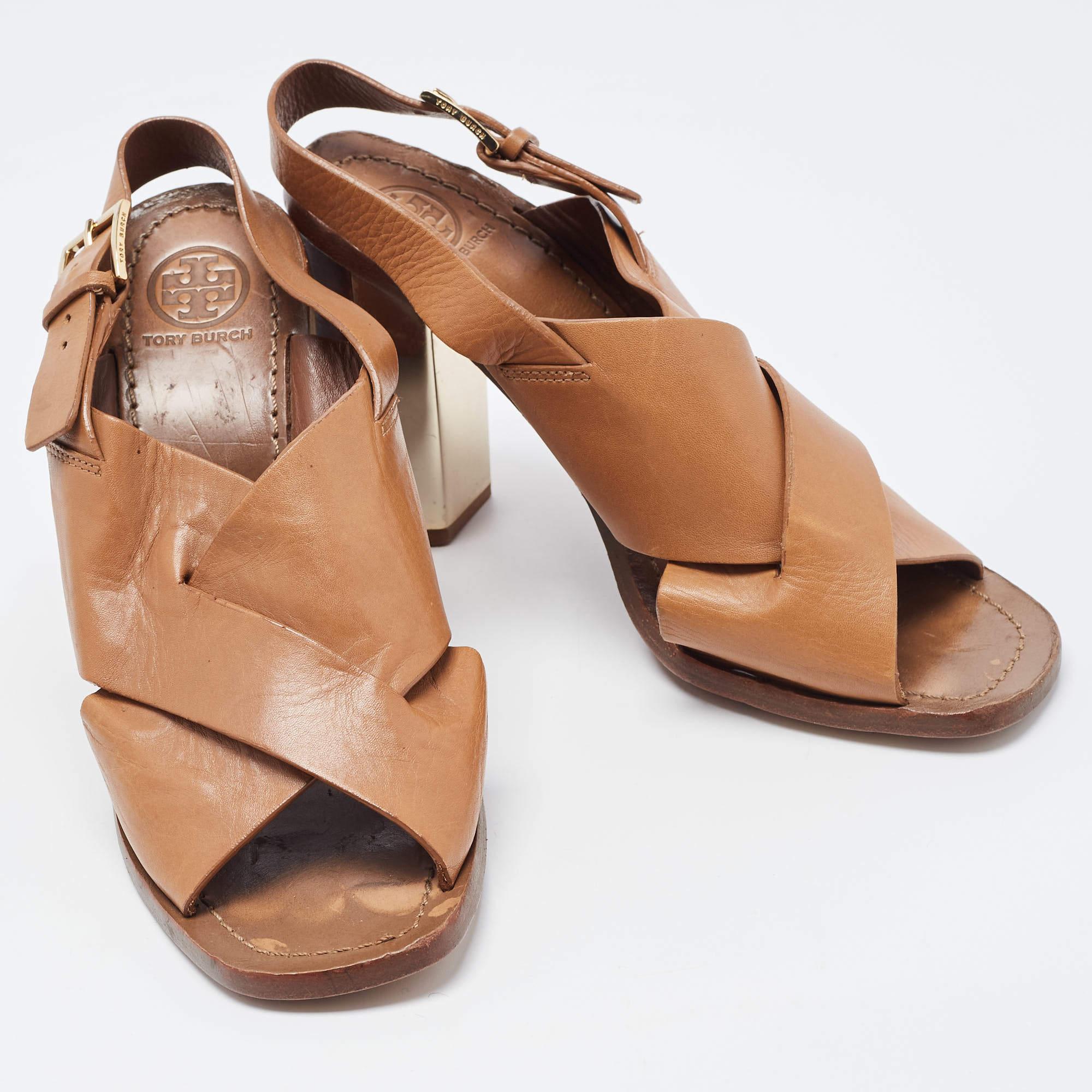 Women's Tory Burch Brown Leather Slingback Sandals Size 38 For Sale