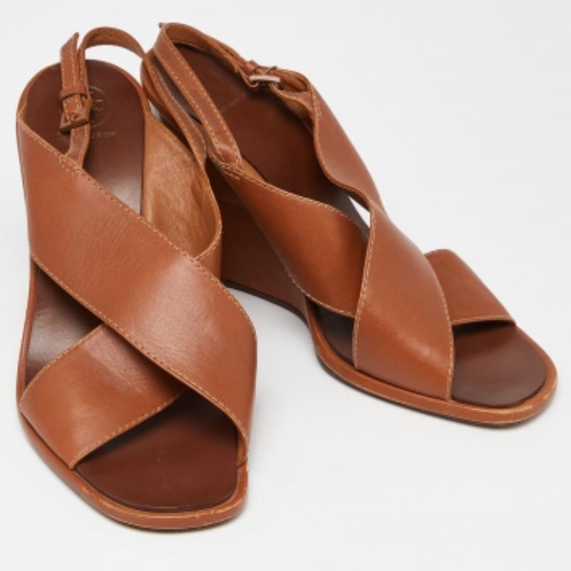 Tory Burch Brown Leder Wedge Slingback Sandalen Größe 39.5 (Braun) im Angebot