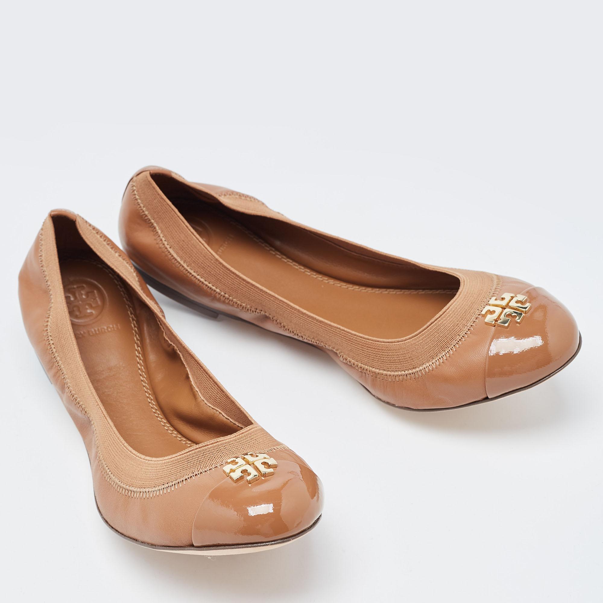 Tory Burch Brown Patent and Leather Jolie Scrunch Ballet Flats Size 39.5 1
