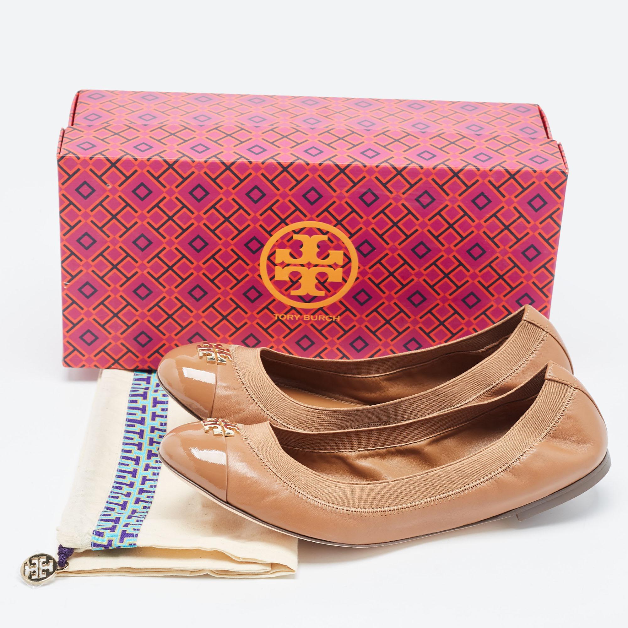 Tory Burch Brown Patent and Leather Jolie Scrunch Ballet Flats Size 39.5 5