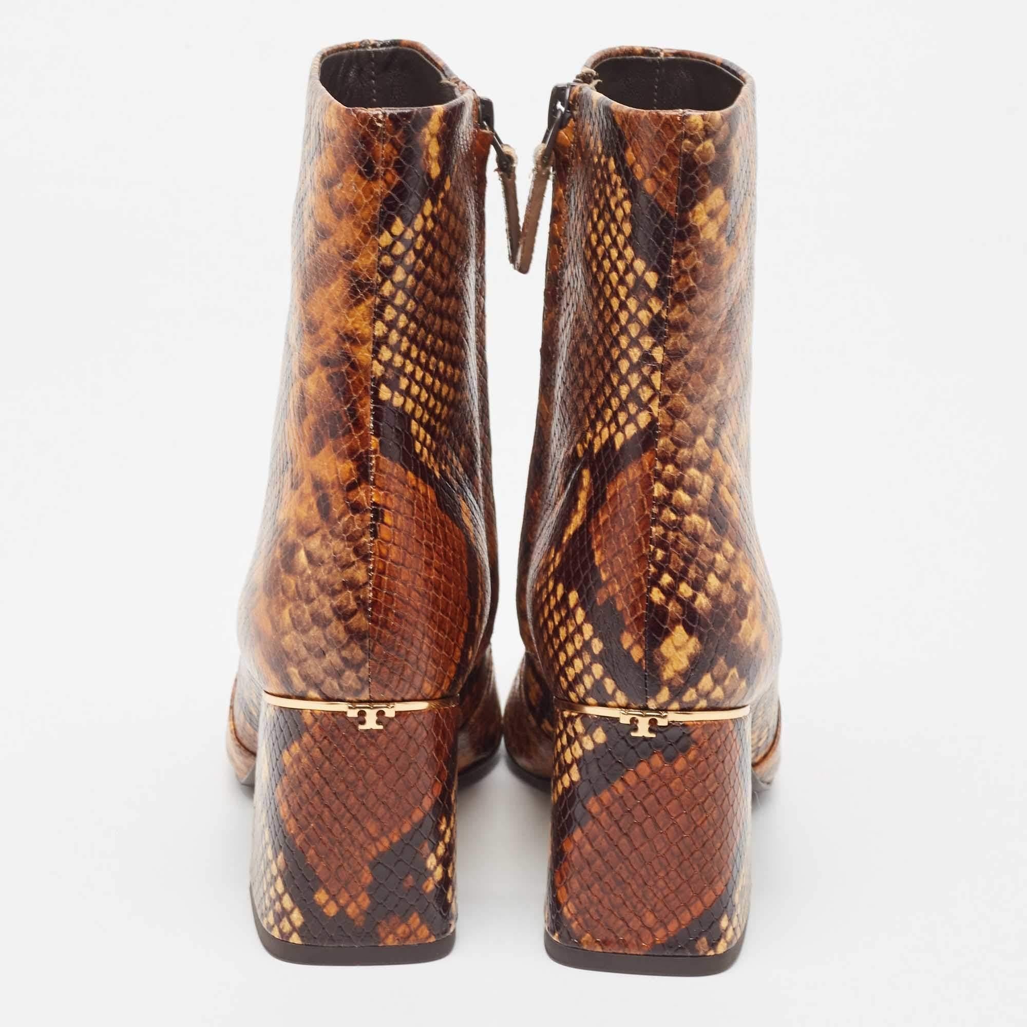 Women's Tory Burch Brown Python Embossed Leather Ankle Boots Size 37.5