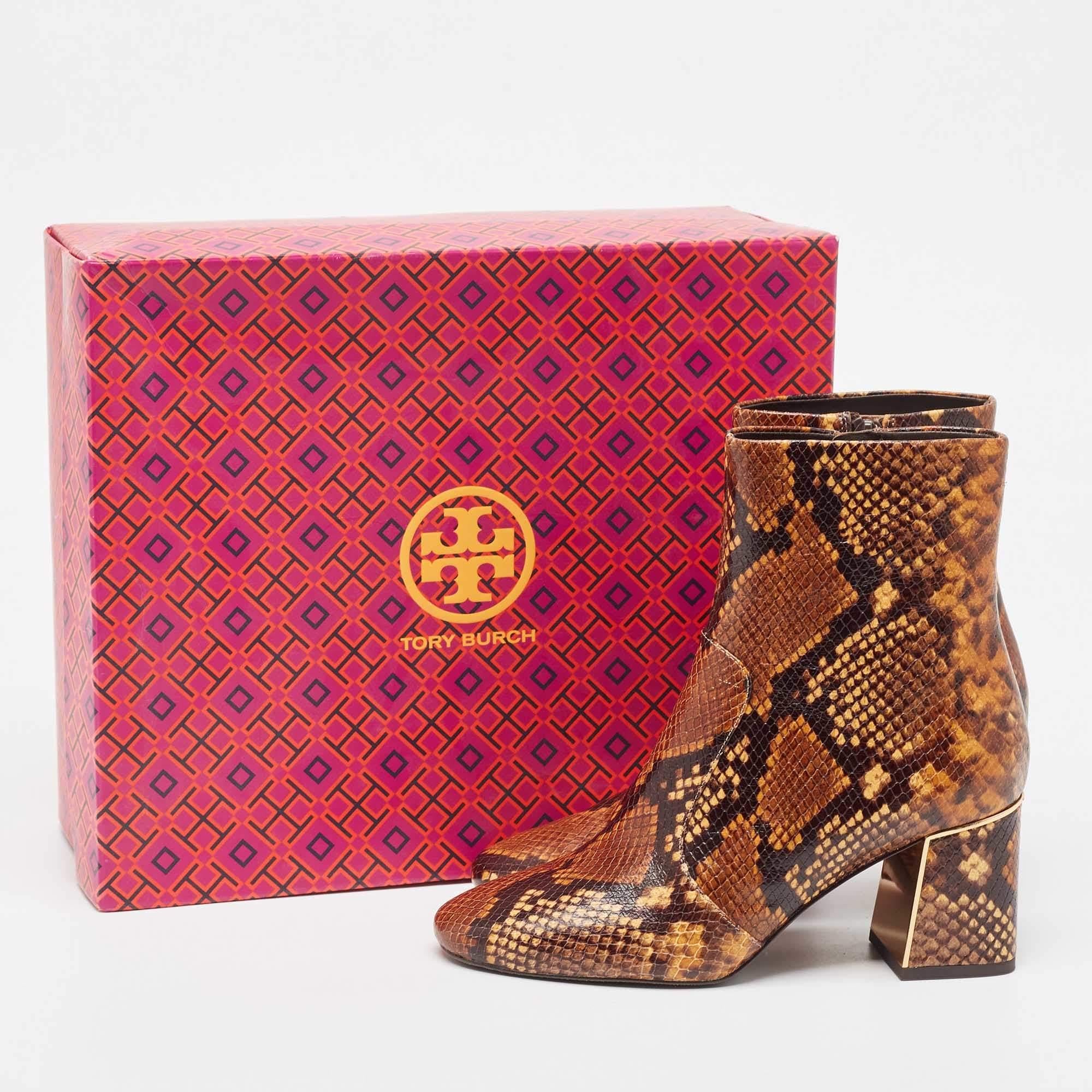 Tory Burch Brown Python Embossed Leather Ankle Boots Size 37.5 4