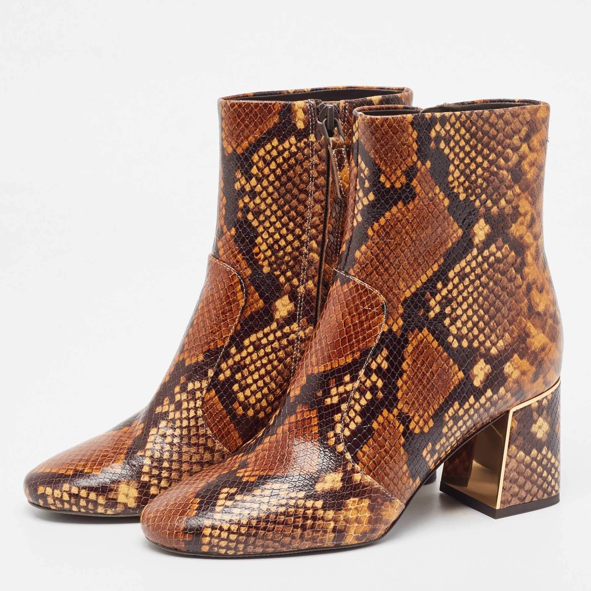 Tory Burch Brown Python Embossed Leather Ankle Boots Size 37.5 5