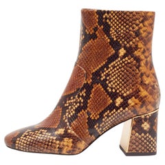 Tory Burch Brown Python Embossed Leather Ankle Boots Size 37.5