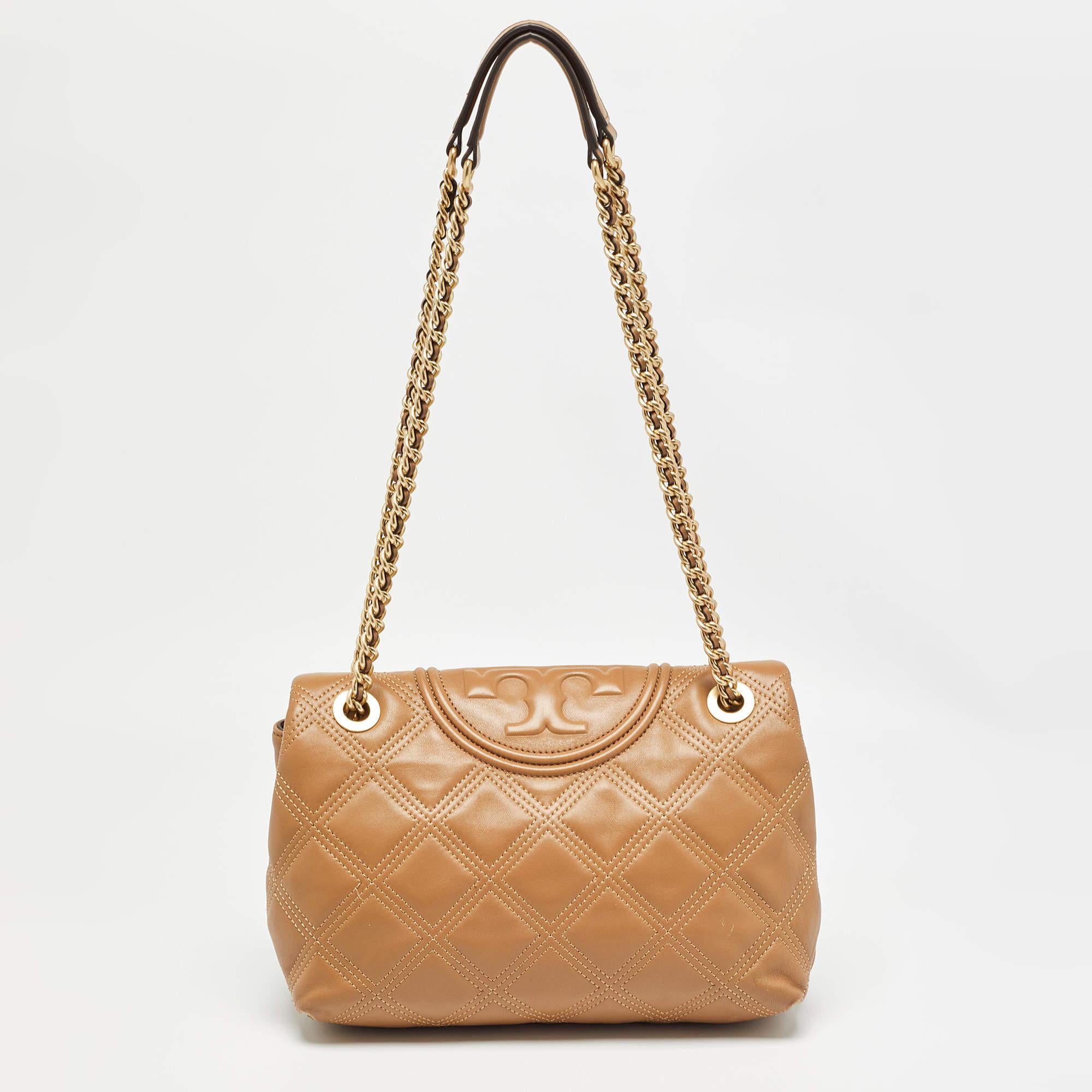 Women's Tory Burch Brown Quilted Leather Fleming Shoulder Bag