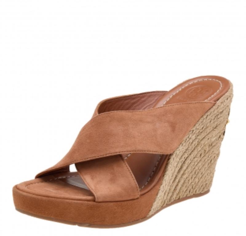 Women's Tory Burch Brown Suede Criss Cross Wedge Platform Slide Sandals Size 39.5 For Sale