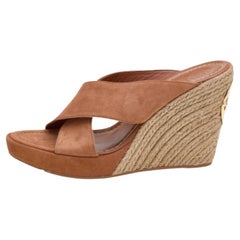 Tory Burch Brown Suede Criss Cross Wedge Platform Slide Sandals Size 39.5