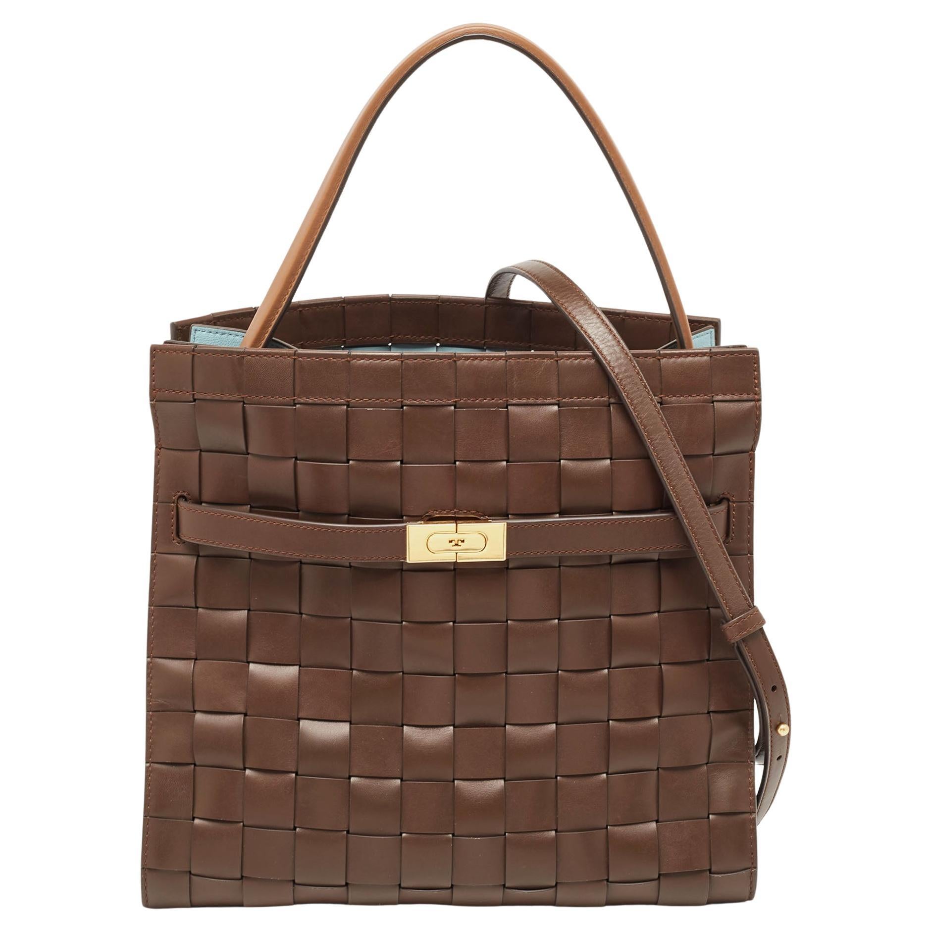 Tory Burch Brown Weave Leather Lee Radziwill Basket Top Handle Bag