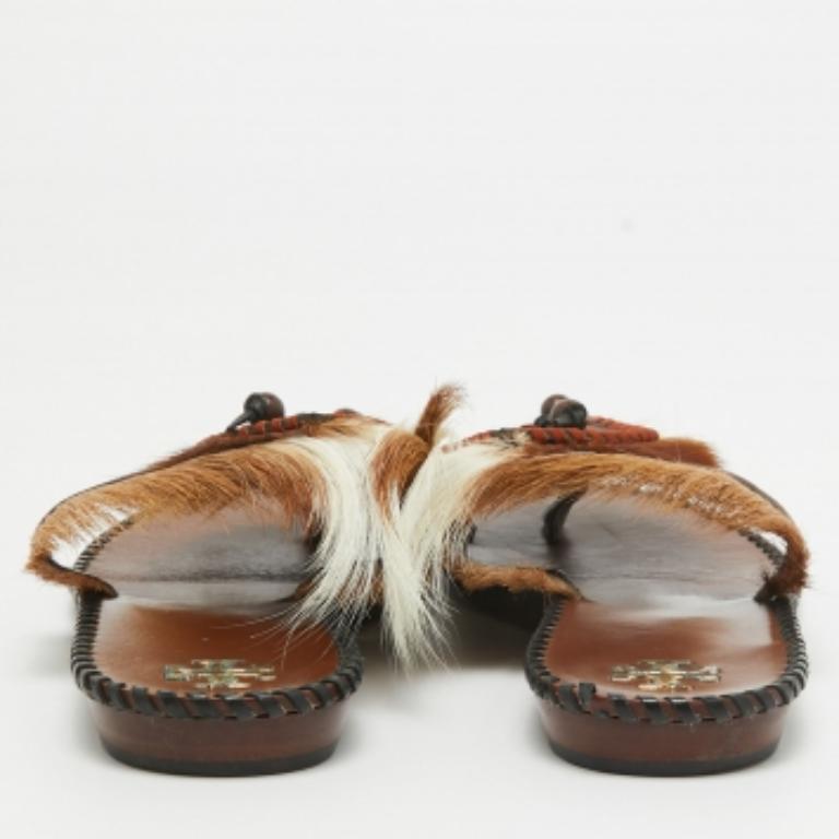 Tory Burch Braun/Weiß Leder und Pelz Phoenix Slides Größe 39.5 Damen im Angebot