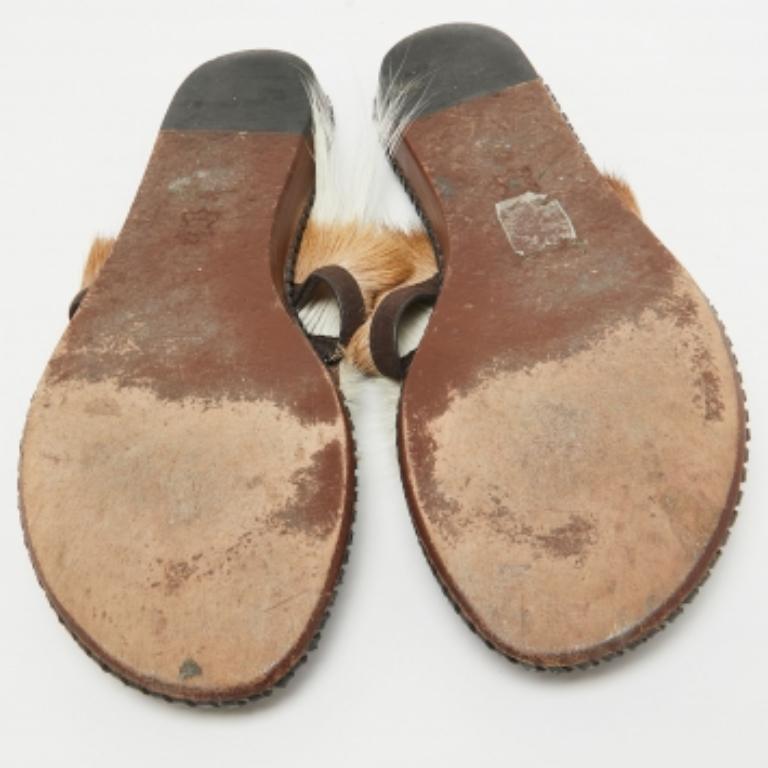Tory Burch Braun/Weiß Leder und Pelz Phoenix Slides Größe 39.5 im Angebot 3