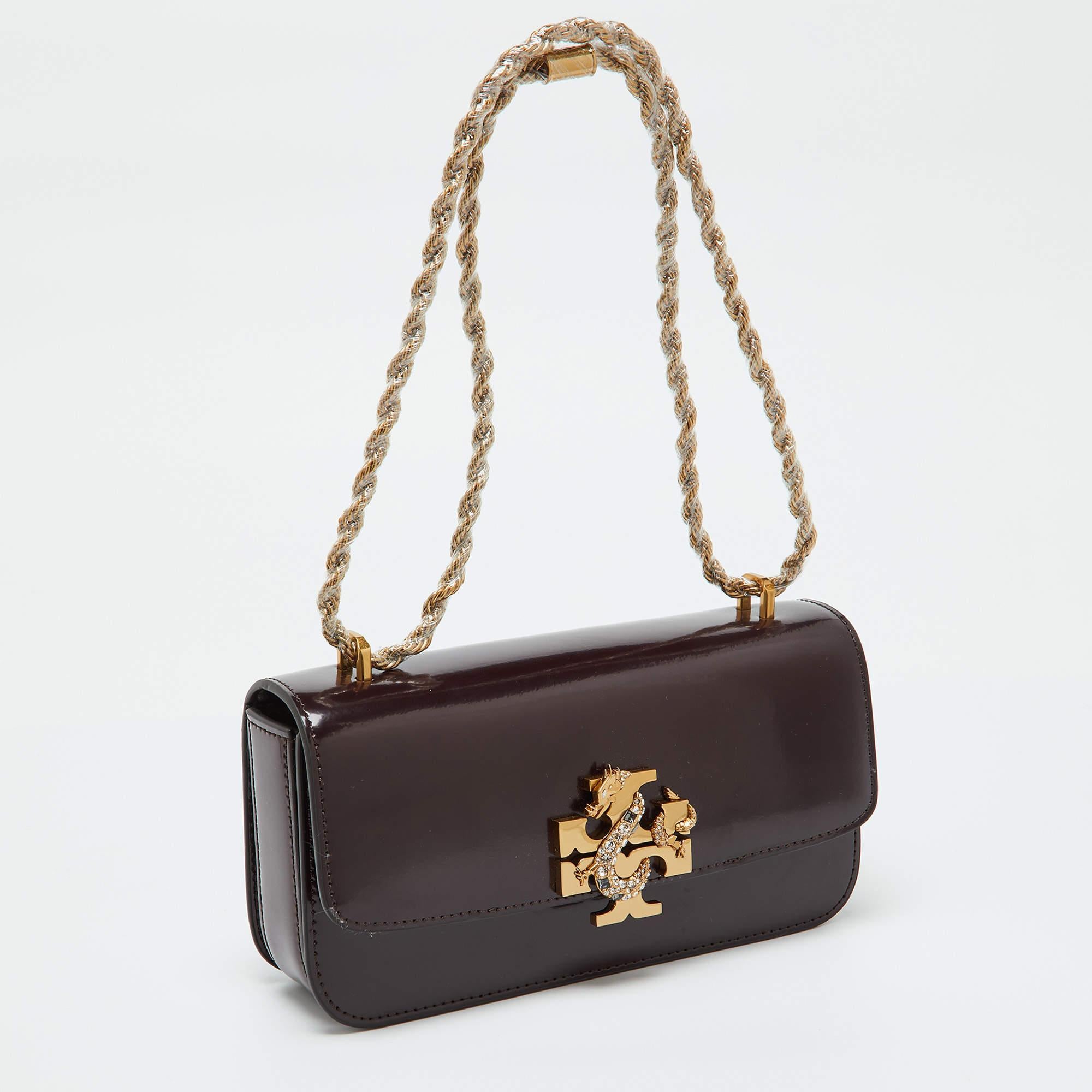 Black Tory Burch Burgundy Glossy Leather Eleanor Dragon Rectangular Shoulder Bag