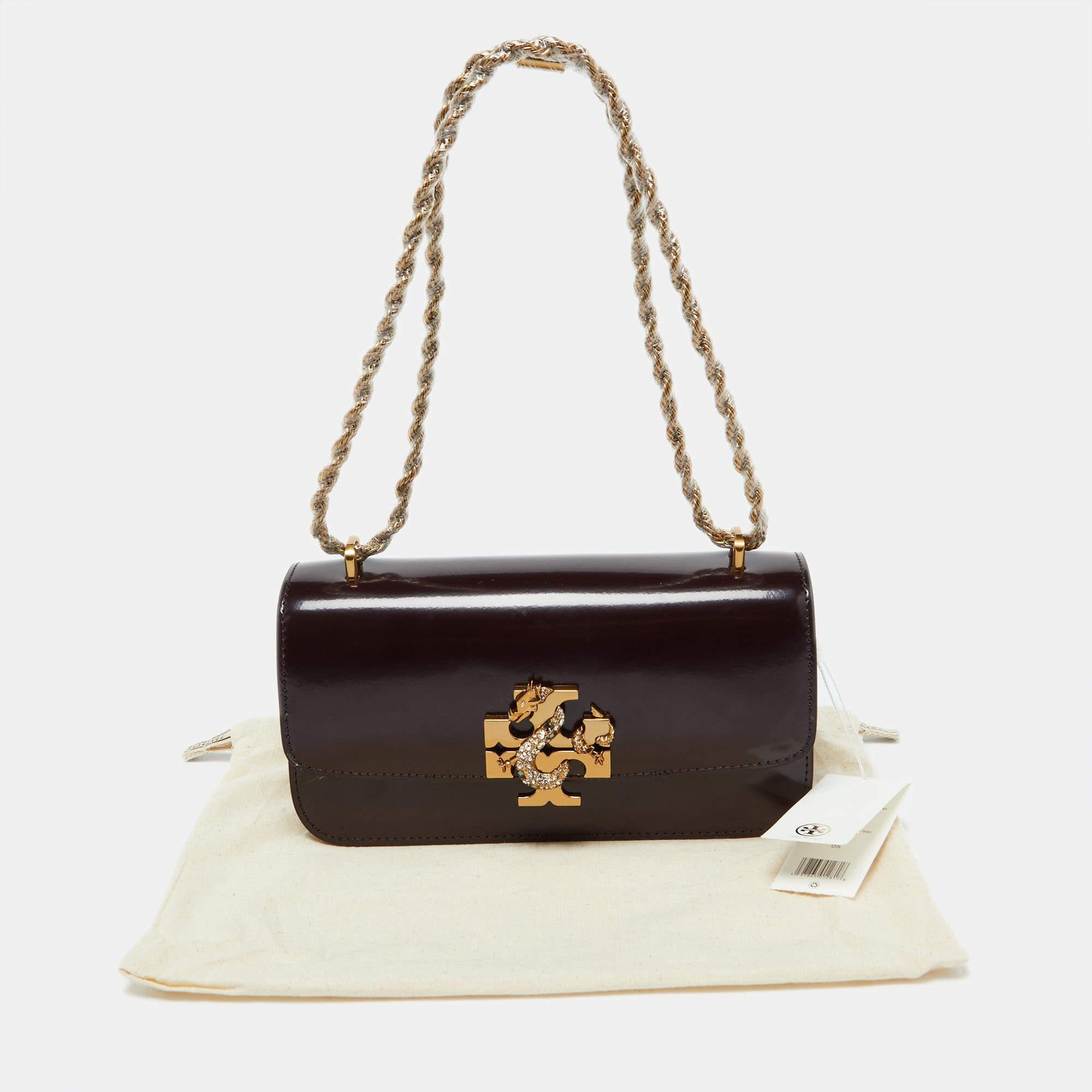Tory Burch Burgundy Glossy Leather Eleanor Dragon Rectangular Shoulder Bag 4