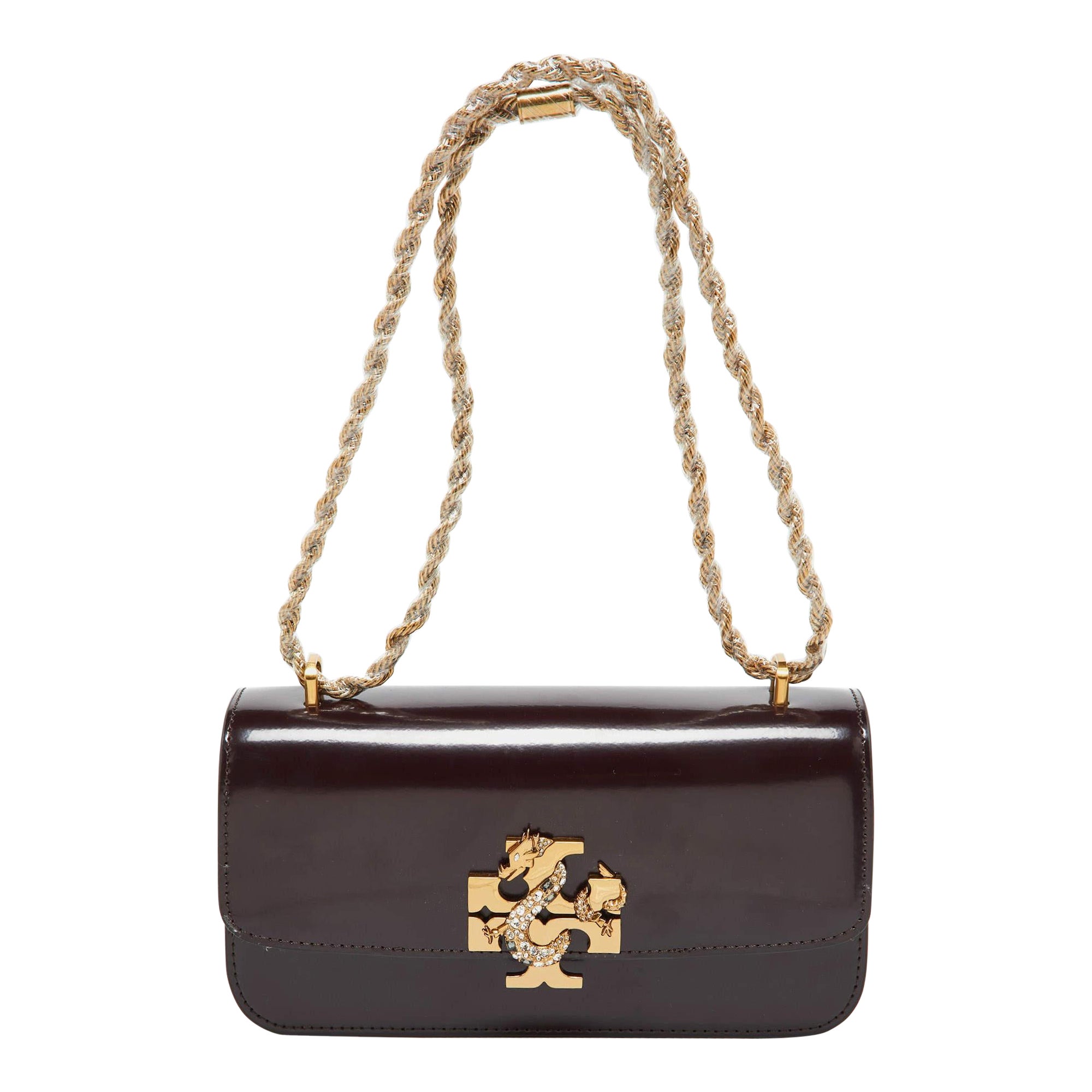Tory Burch Burgundy Glossy Leather Eleanor Dragon Rectangular Shoulder Bag