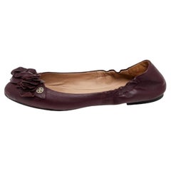 Tory Burch Burgundy Leather Flower Scrunch Ballet Flats Size 35.5