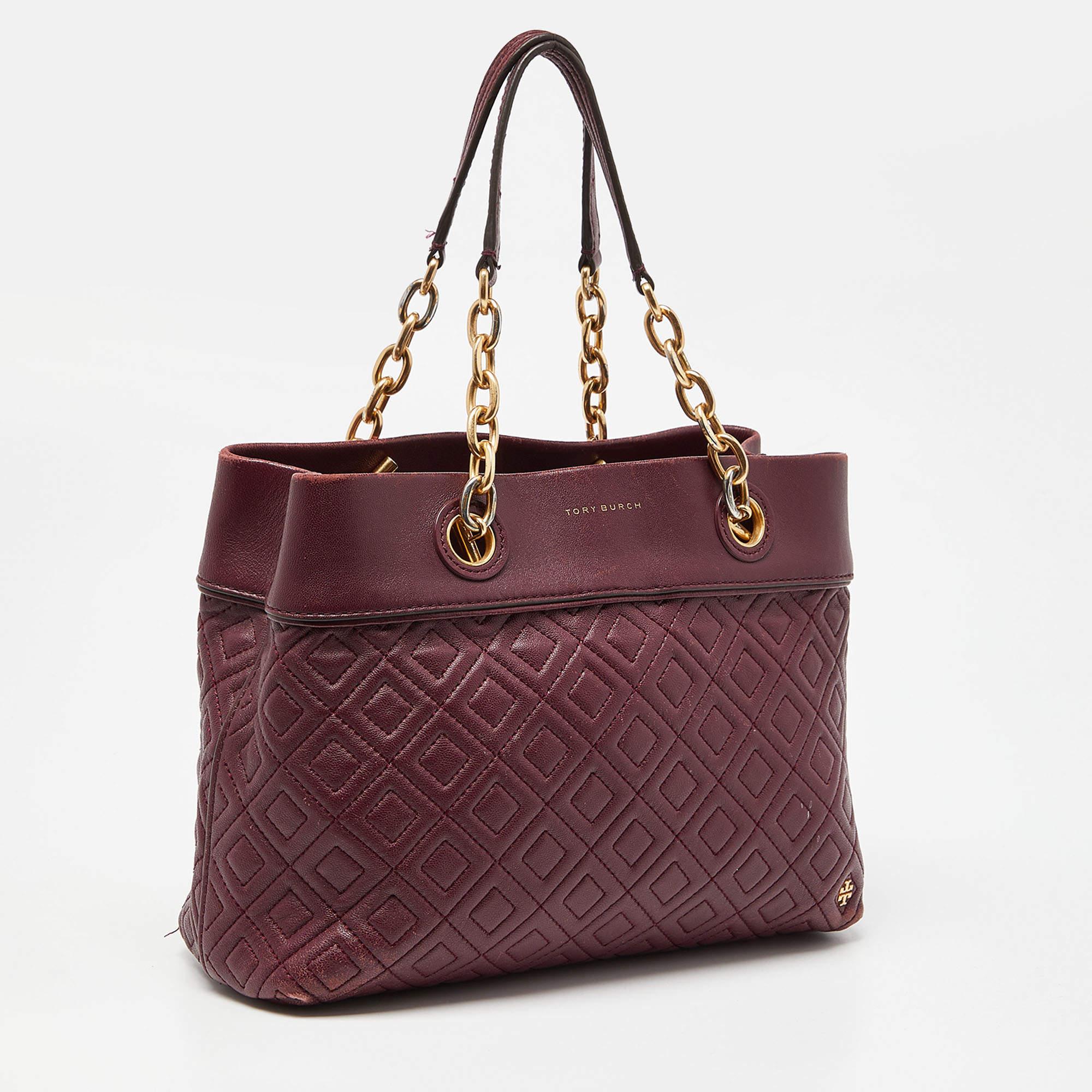 Black Tory Burch Burgundy Quilted Leather Fleming Satchel For Sale