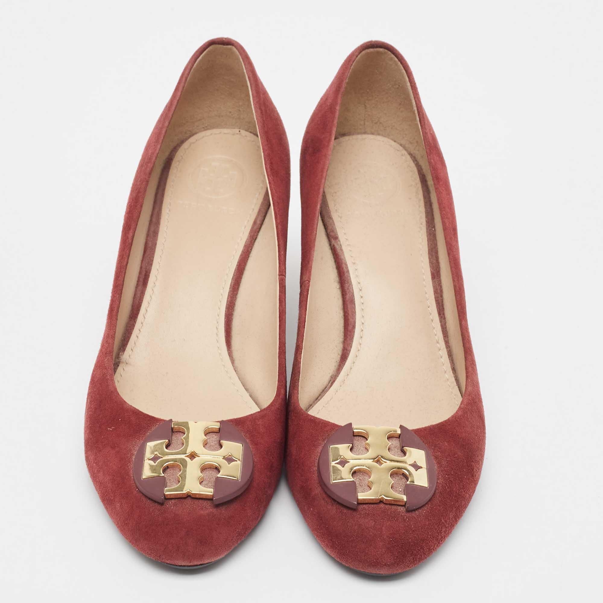Brown Tory Burch Burgundy Suede Luna Wedge Pumps Size 37 For Sale