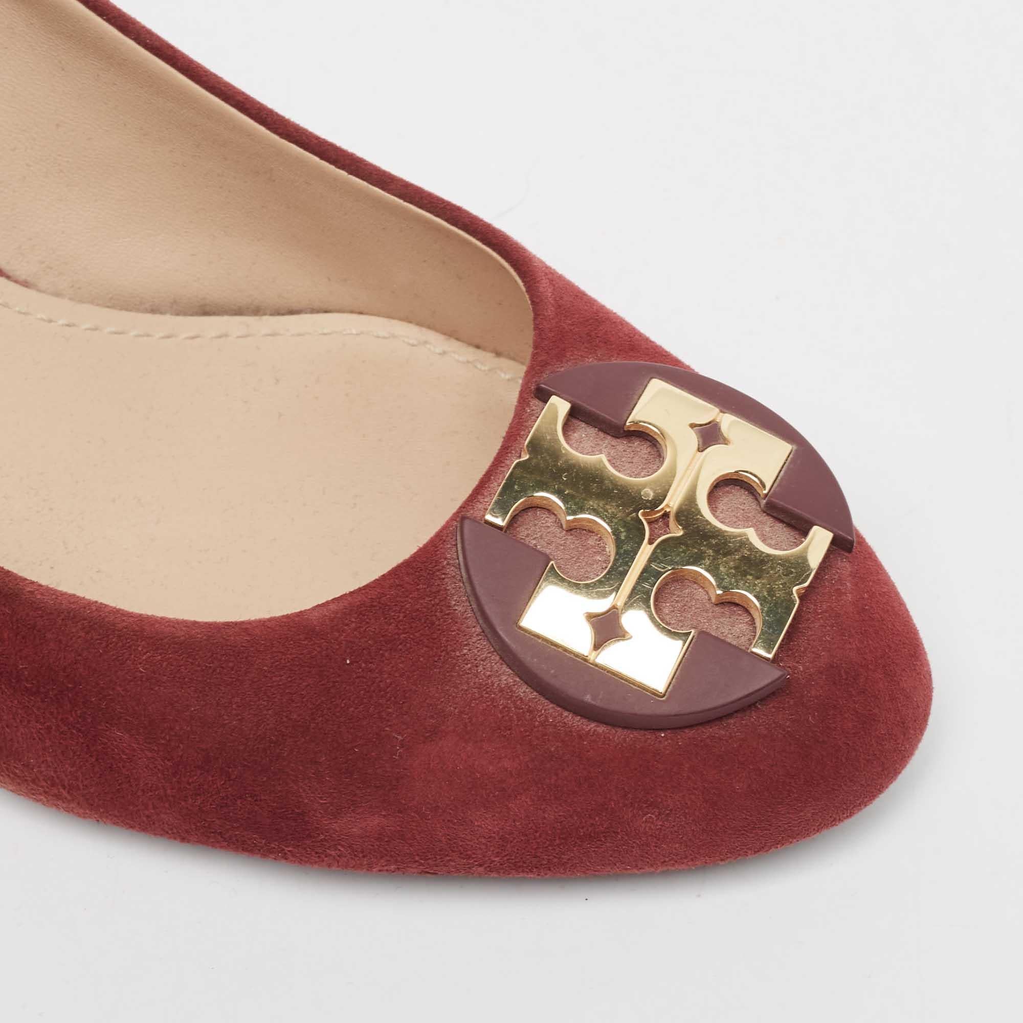 Tory Burch Burgundy Suede Luna Wedge Pumps Size 37 For Sale 2