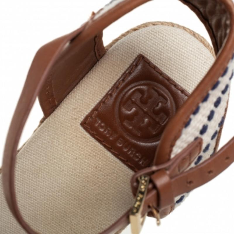 Brown Tory Burch Canvas And Leather Trim Wedge Espadrille Ankle Strap Sandals Size 40 For Sale
