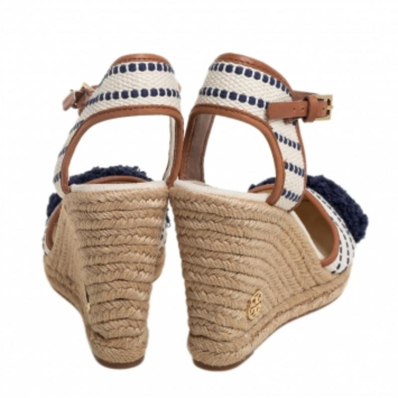 Women's Tory Burch Canvas And Leather Trim Wedge Espadrille Ankle Strap Sandals Size 40 For Sale