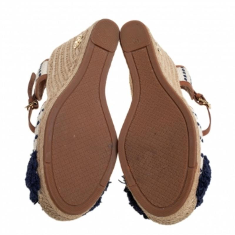Tory Burch Canvas And Leather Trim Wedge Espadrille Ankle Strap Sandals Size 40 For Sale 1