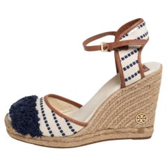 Tory Burch Canvas And Leather Trim Wedge Espadrille Ankle Strap Sandals Size 40