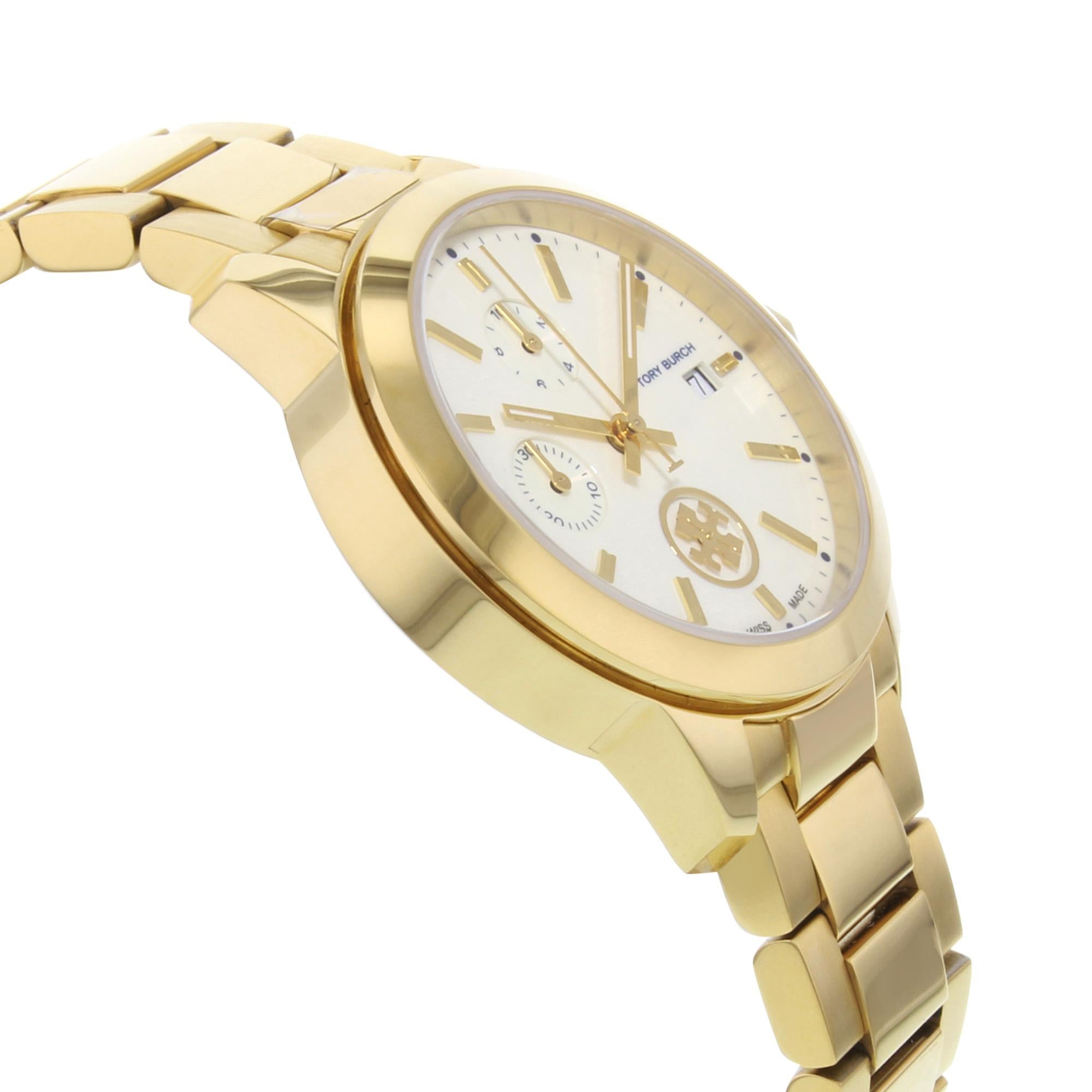 Tory Burch Collins Yellow Gold-Tone Cream Dial Steel Quartz Ladies Watch TB1250 In Good Condition In New York, NY