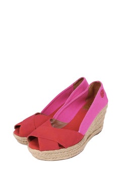 Tory Burch Colorblock Espadrille Wedge Pink Red Canvas - EU 38