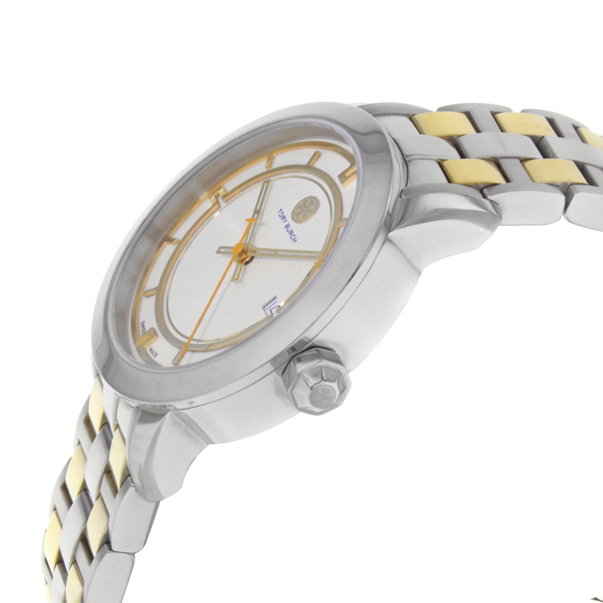 Tory Burch Cremefarbene zweifarbige Stahlquarz-Damenuhr TRB1014 mit Datumsanzeige im Zustand „Gut“ in New York, NY