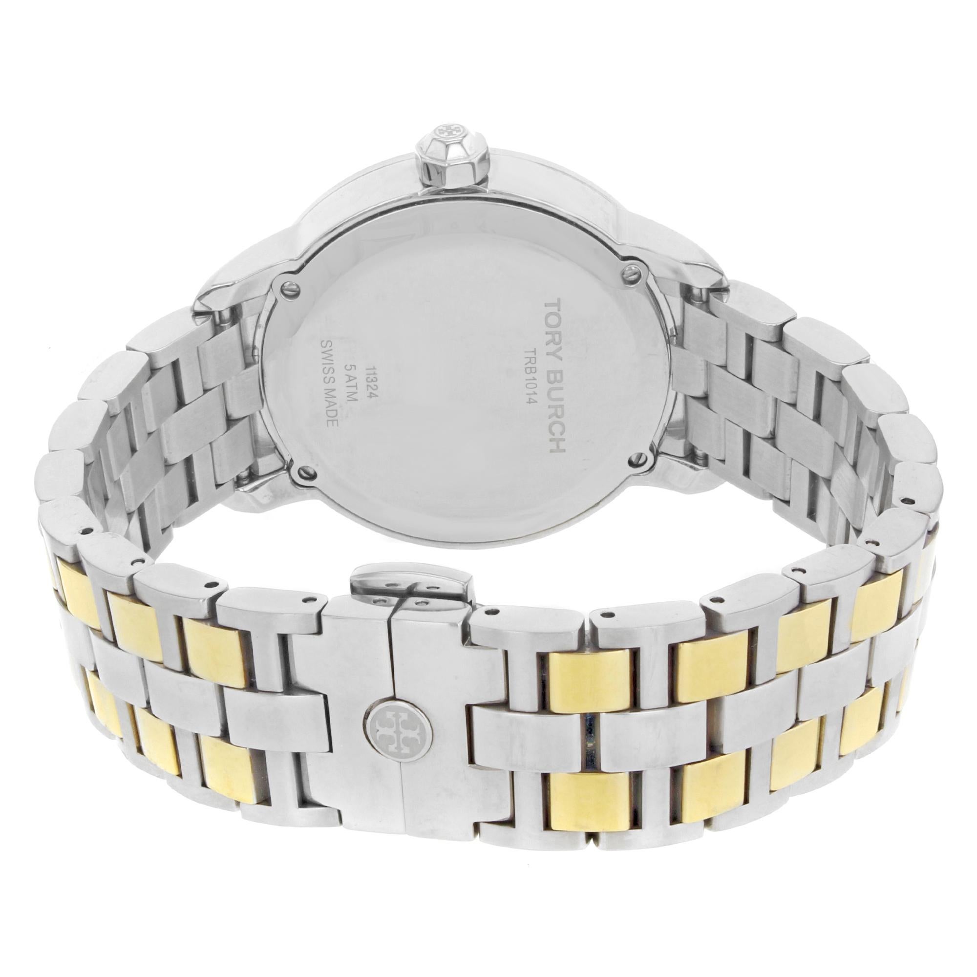 Tory Burch Cremefarbene zweifarbige Stahlquarz-Damenuhr TRB1014 mit Datumsanzeige 1