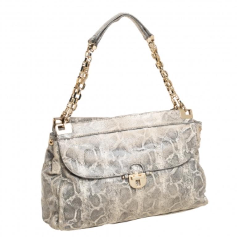 Women's Tory Burch Cream Python Embossed Leather Simon Shoulder Bag For Sale