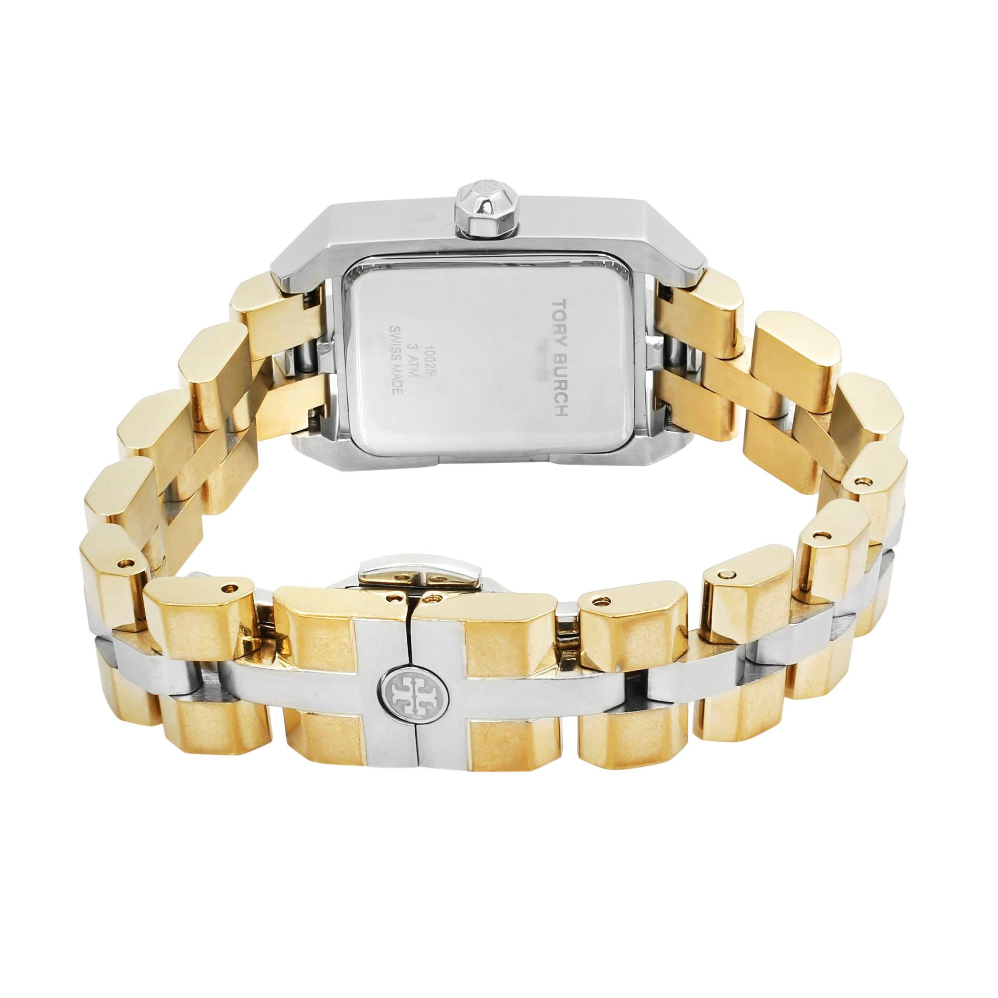 Tory Burch Dalloway, zweifarbige, cremefarbene, rechteckige Quarzuhr mit Zifferblatt TB1102 aus Stahl 1