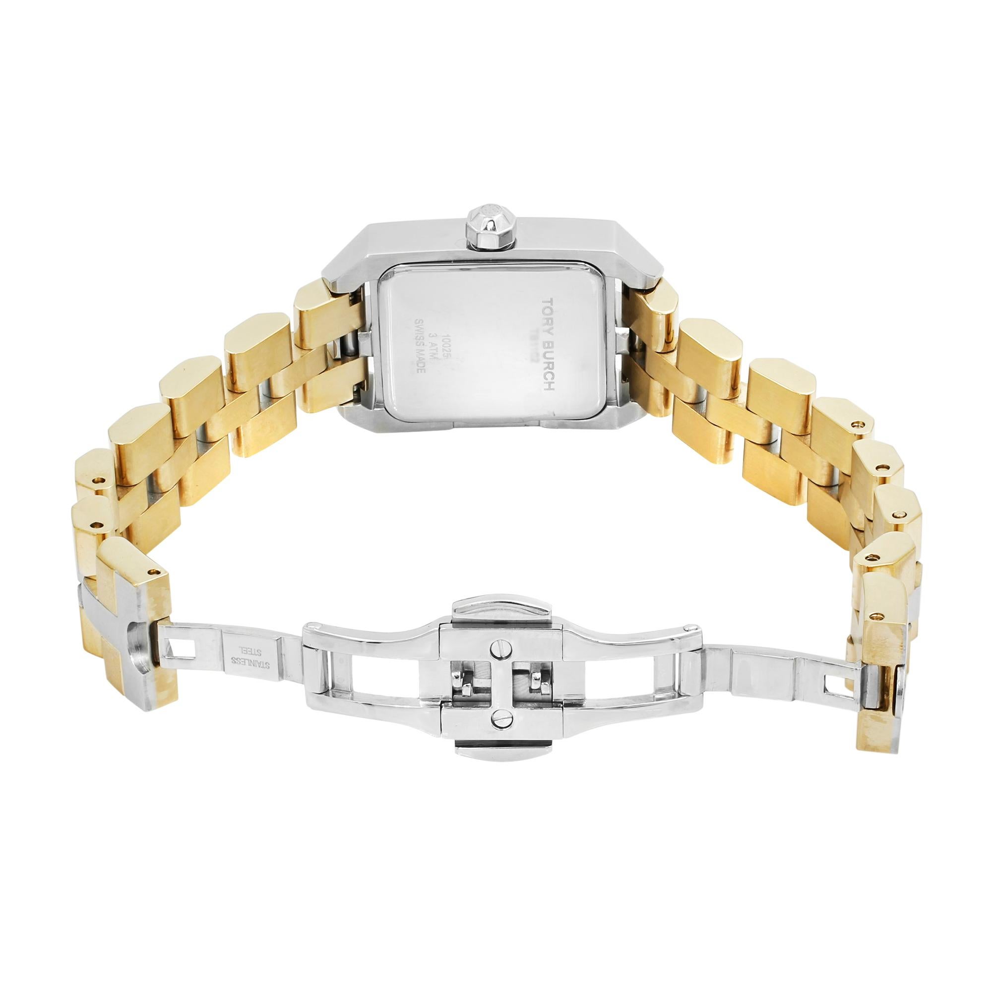 Tory Burch Dalloway, zweifarbige, cremefarbene, rechteckige Quarzuhr mit Zifferblatt TB1102 aus Stahl 2
