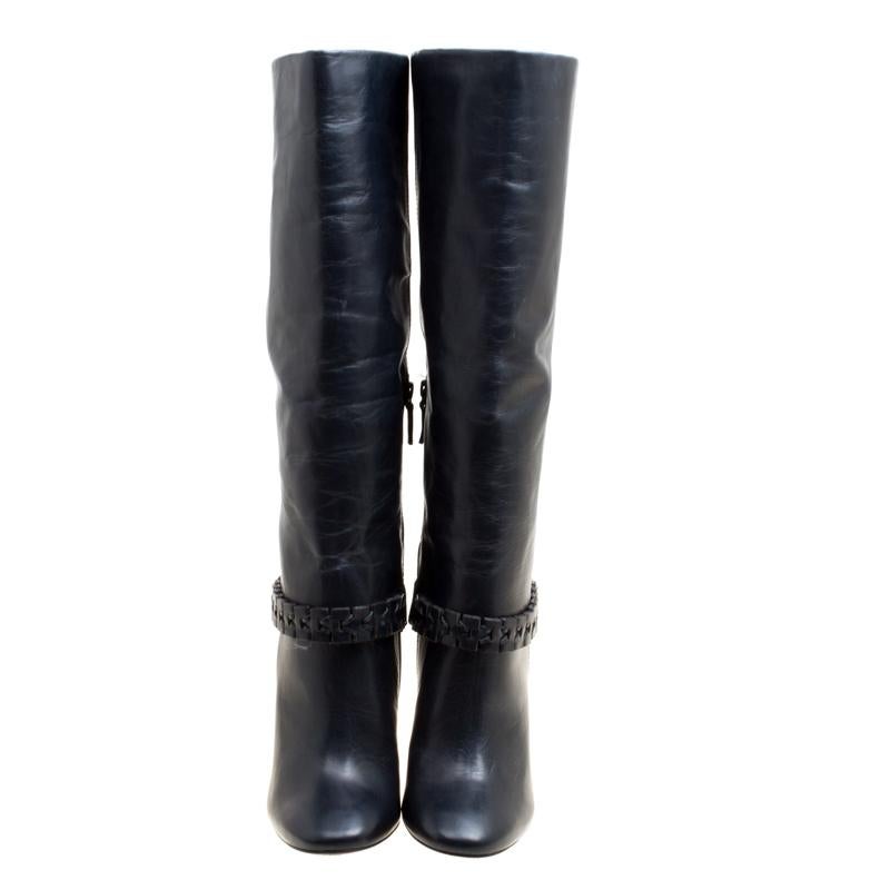 Tory Burch Dark Blue Leather Sarava Braid Detail Knee Boots Size 40 For ...