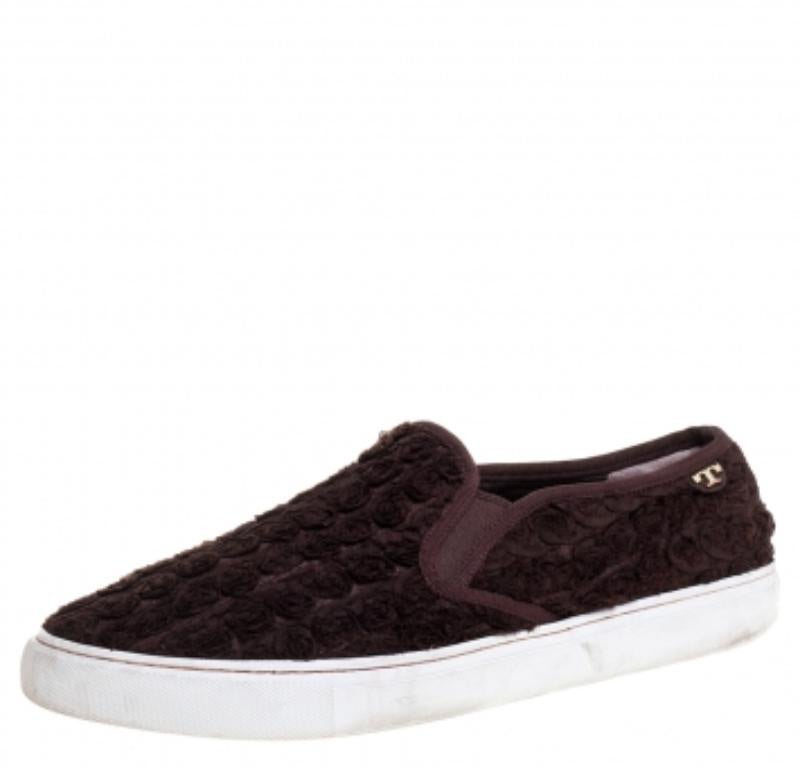 Black Tory Burch Dark Brown Fabric Rosette Slip On Sneakers Size 40.5 For Sale