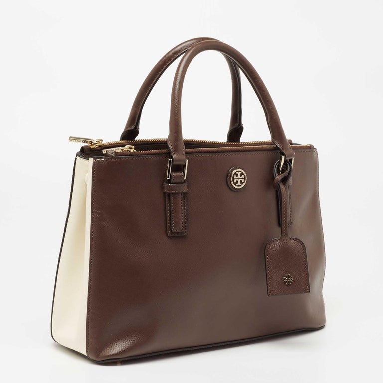 Tory Burch Dark Brown/White Saffiano Leather Robinson Double Zip Tote at  1stDibs