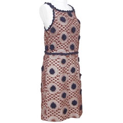 TORY BURCH Robe sans manche en maille crochet Brown Navy Blue Floral Sz 8