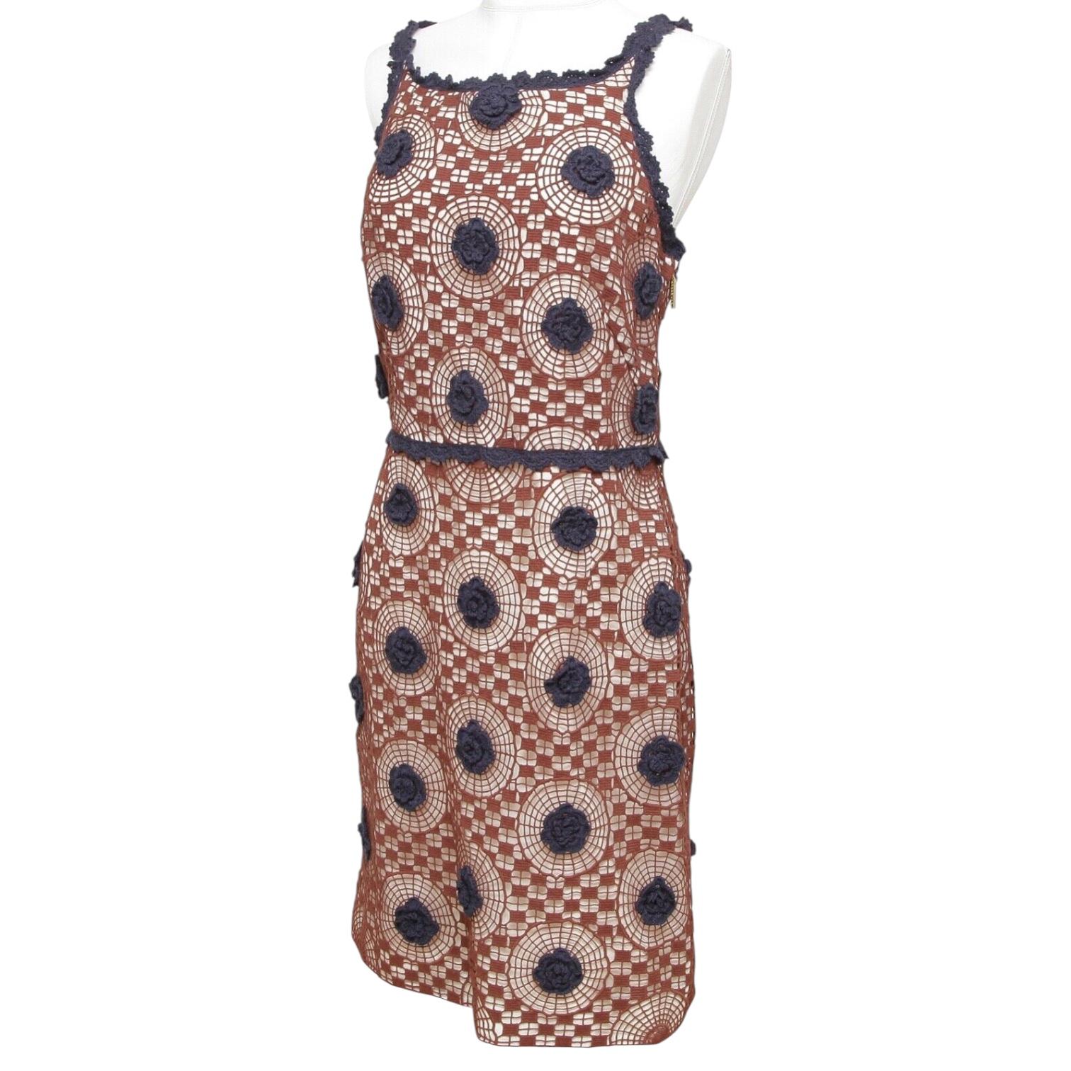 TORY BURCH Vestido Sin Mangas Punto Crochet Marrón Azul Marino Floral Sz 8 en Excelente estado para la venta en Hollywood, FL