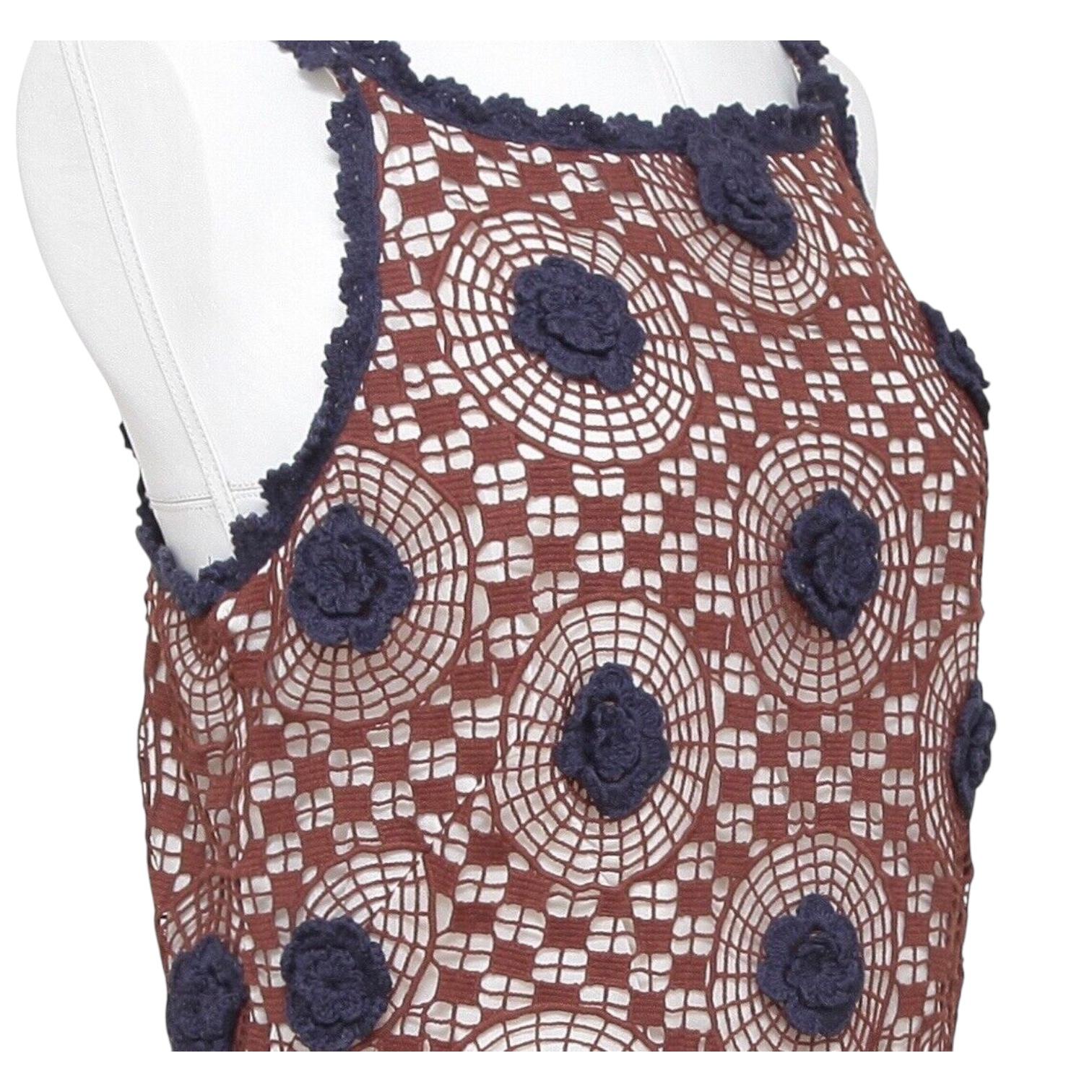 De las mujeres TORY BURCH Vestido Sin Mangas Punto Crochet Marrón Azul Marino Floral Sz 8 en venta