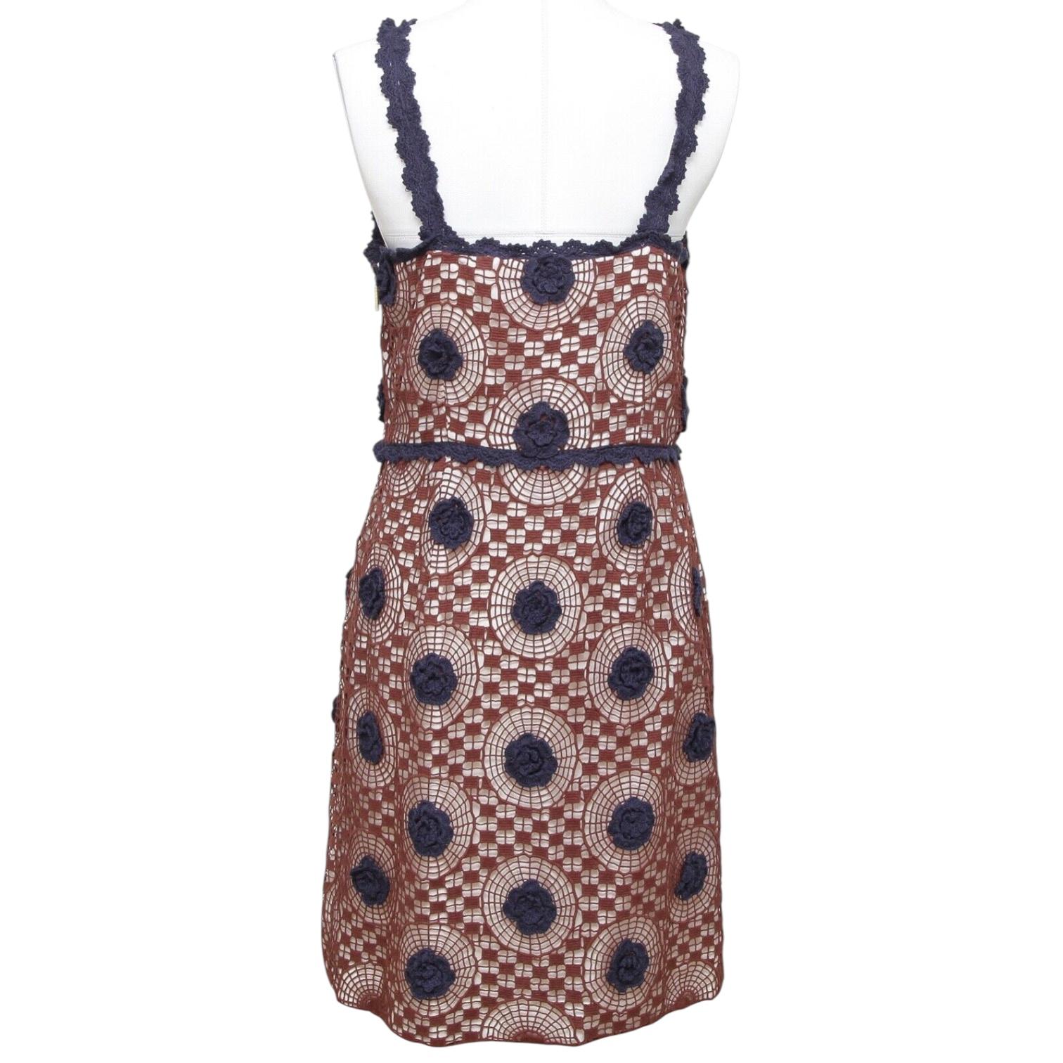 TORY BURCH Vestido Sin Mangas Punto Crochet Marrón Azul Marino Floral Sz 8 en venta 2
