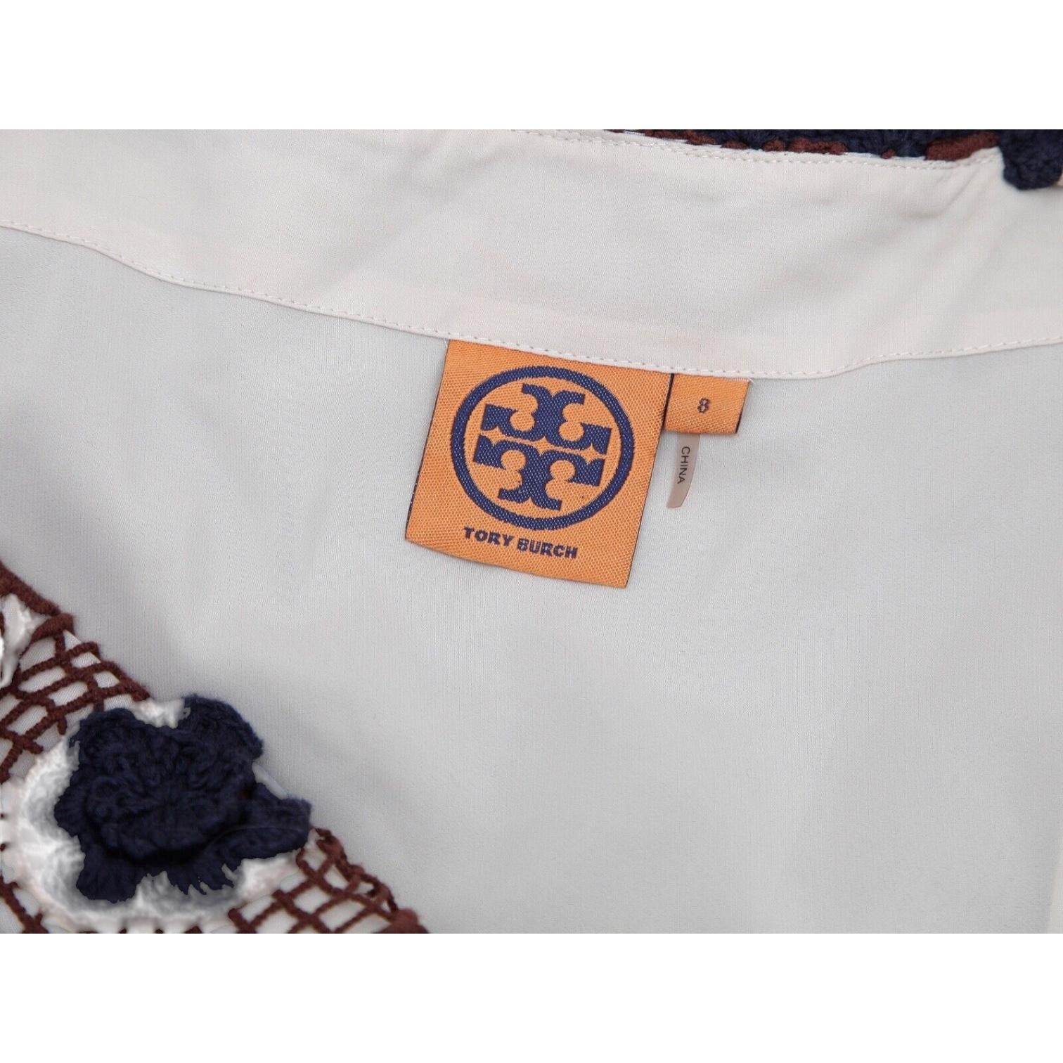 TORY BURCH Vestido Sin Mangas Punto Crochet Marrón Azul Marino Floral Sz 8 en venta 3
