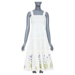 TORY BURCH Embroidered Smocked Midi ivory purple flower embroidery midi dress M
