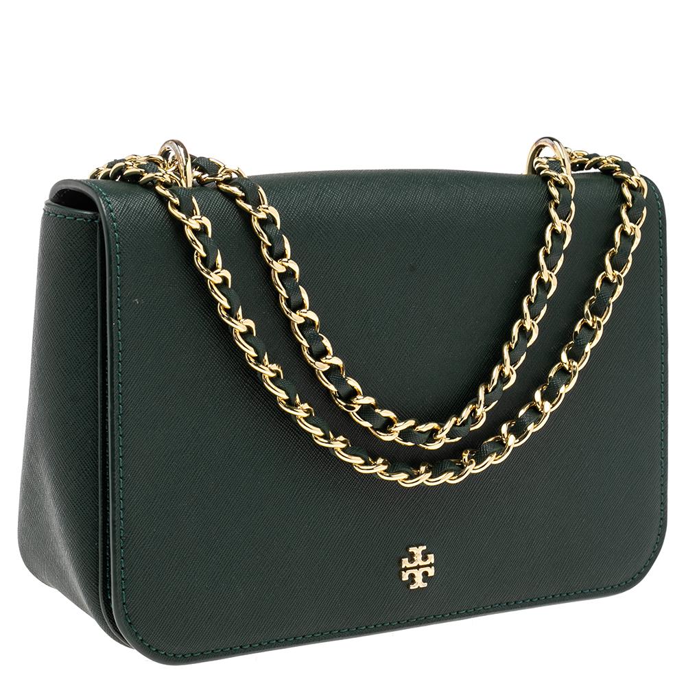 Tory Burch Emerald Green Saffiano Leather Robinson Flap Shoulder Bag