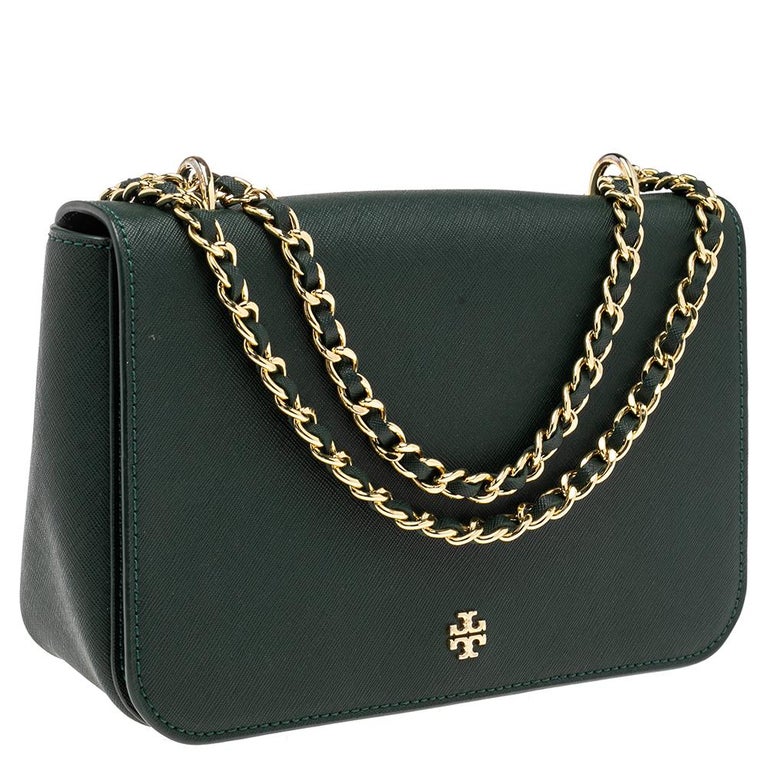 Tory Burch Emerald Green Saffiano Leather Robinson Flap Shoulder